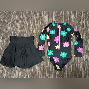 Old Navy Girls Floral Long Sleeve Swimsuit with Black Skort Size 5